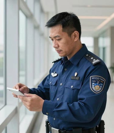 A professional South East Asian inspector in a smart deep blue uniform meticulously checking a surface in a high-end modern building, bright natural lighting, clean and professional atmosphere, soft blue and white tones.