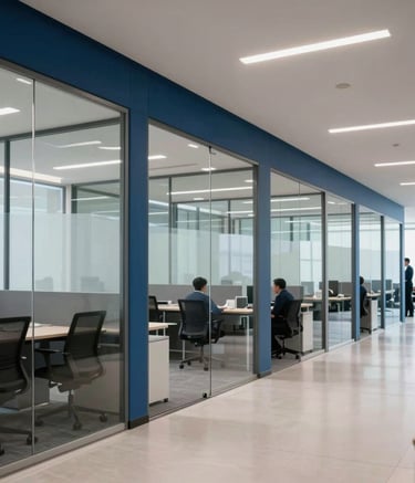 A wide-angle shot of a clean and modern corporate office environment in Indonesia, featuring glass partitions and professional staff in the distance, bright lighting, colors including deep blue and light gray.