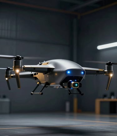 A futuristic high-tech drone with sleek metallic plating and gold accents hovering in a dark, minimalist hangar. The drone features glowing blue and gold sensors. Ultra-modern aesthetic, soft volumetric lighting, palette of #0A0A1A and #B8A066.