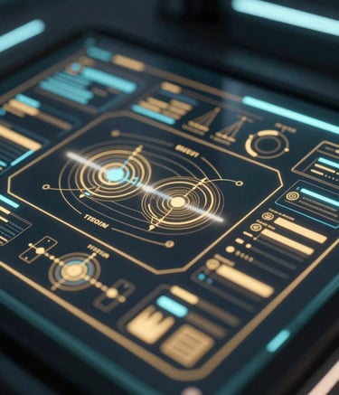 A close-up shot of a sophisticated holographic security dashboard with gold-tinted data visualizations and digital UI elements, reflecting on a polished dark glass surface. Cinematic lighting with subtle neon glows in #F7F9FA and #B8A066 against a #0A0A1A background.