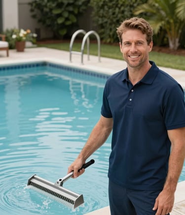 A professional pool technician in a clean, navy blue polo shirt standing in a South Florida backyard. They are holding a pool leaf skimmer and smiling toward the camera, standing next to a sparkling, perfectly clear swimming pool. The atmosphere is professional, friendly, and customer-focused.