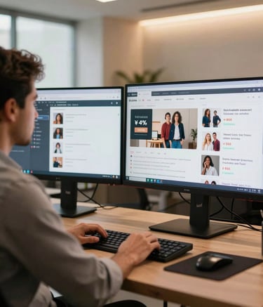A sophisticated workspace in Brazil where a professional is looking at high-definition displays showing retail performance and validated deal listings, with bright energetic warm lighting in a sleek room.