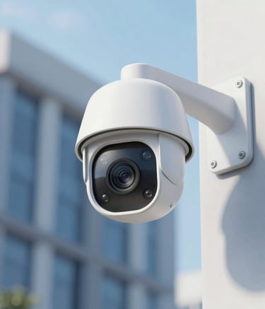 A close-up of a modern, sleek white IP security camera mounted on a professional building exterior. The sky in the background has a soft blue hue matching #9BB6D5. The image conveys reliability and high-tech protection.