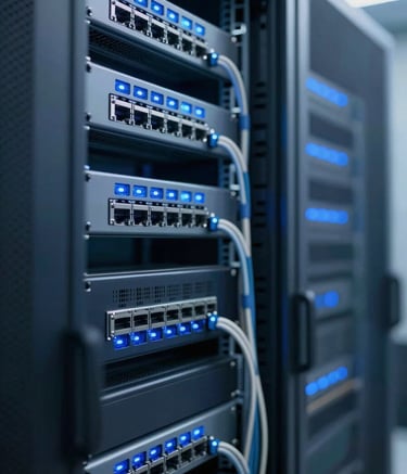 A sophisticated server room rack with blinking blue LED indicators and neatly organized network cables, representing 24/7 server installation and technical support. The lighting is crisp and professional, featuring tones of #1A2B3C and #4F739D.