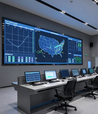 A wide-angle photography shot of a state-of-the-art smart grid control center in the United States. The environment is minimalist and high-tech, featuring large illuminated data screens showing clean energy distribution maps. Professional and authoritative atmosphere with slate grey and electric blue lighting.