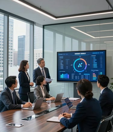 A high-end, modern corporate boardroom in a North American city with glass walls and a view of a clean skyline. A group of professional consultants in business attire are focused on a sleek digital display showing smart energy data. The lighting is crisp and sophisticated with deep navy and electric blue tones.