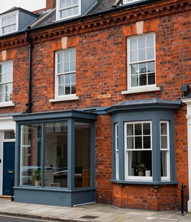 Exterior of a classic British red-brick townhouse with a modern glass extension, clean architectural lines, Slate Blue window frames, United Kingdom / British residential street.