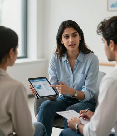 A professional advisor in smart casual South Asian attire sitting in a brightly lit, modern consultation room. They are pointing towards a tablet screen while explaining data to a young couple. The atmosphere is calm and trustworthy. Soft blue and near white interior design accents create a sense of clarity and professionalism.