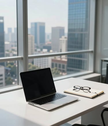 A high-angle photograph of a bright, modern office in a South Asian city. A clean desk features a laptop, a notebook, and a pair of spectacles. In the background, large windows reveal a blurred urban landscape of a financial district under a clear morning sky. The lighting is crisp and professional, using a palette of near white and deep blue tones.