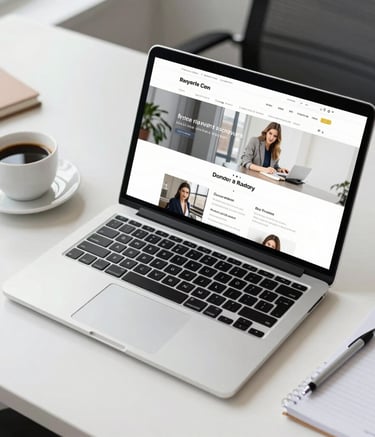 High-angle shot of a sleek, modern laptop on a clean white desk in a North American corporate office, displaying a responsive website layout, surrounded by a cup of coffee and a notebook, soft daylight, professional and high-performing mood.