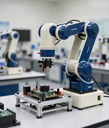 Photography of a modern robotics assembly on a clean workspace. High-precision tools and electronic components are arranged neatly. The lighting is bright and professional. European / Spanish educational laboratory setting. Colors feature deep blue and off-white accents.