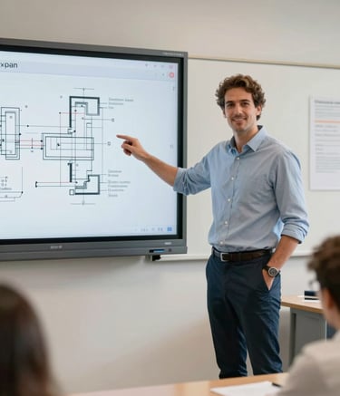 Photography of a professional male instructor in a bright, modern secondary school classroom in Spain. He is standing confidently next to a digital screen showing engineering blueprints. Soft natural light, clean lines, professional European / Spanish attire.