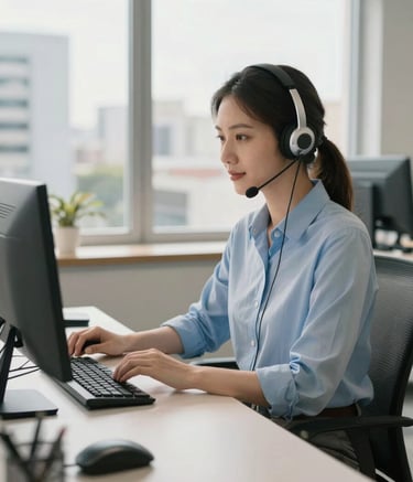 A high-quality, professional photograph of a modern call center environment in a Brazilian city. The scene is bright and airy, with soft daylight streaming through large windows. The focus is on a clean workstation with advanced communication equipment, emphasizing efficiency and technological reliability. The color palette incorporates soft blue and off-white tones.
