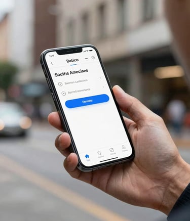 Action shot of a professional hand holding a high-end smartphone in a modern South American urban setting, showing a clean interface for a service app. The lighting is crisp and modern, emphasizing digital connectivity and remote assistance.