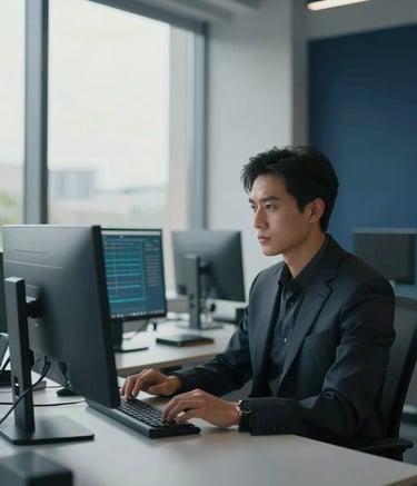 A focused professional in a modern North American office workspace, using a high-resolution multi-monitor setup. The environment is minimalist and clean, featuring steel blue and deep navy accents in the decor. Soft afternoon light filters through the window, creating an authoritative and calm mood.