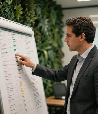 A professional South American / Brazilian mentor pointing at a strategy board in a modern office, featuring deep forest green and soft off-white tones, focused and prestigious atmosphere, high-end photography.