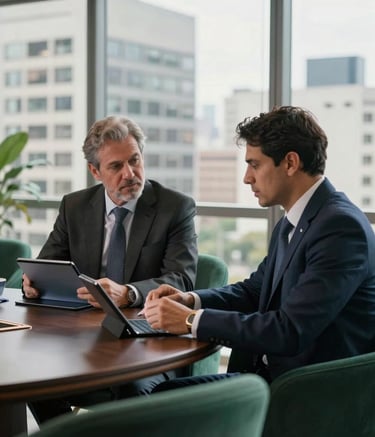 A high-end meeting room in a South American / Brazilian city, two sophisticated entrepreneurs discussing profit margins over tablets, natural light, dark emerald green furniture accents, cinematic lighting.