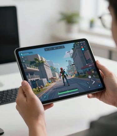 A close-up photograph of a developer's hands holding a sleek Android tablet in a bright North American office. The screen displays a high-fidelity 3D game environment with sky blue lighting effects. The background is a soft bokeh of a clean, modern creative workspace.