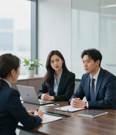 A high-end, professional office setting where three experts—a CA, CS, and legal professional—are collaborating around a sleek conference table. They are dressed in sophisticated business attire. The lighting is bright and natural, reflecting a mood of clarity and trust. The color palette includes hints of #1C2B3C and #3F6C8A in the furniture and decor.