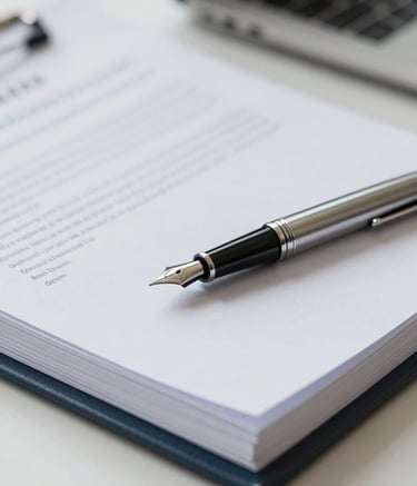 A detailed close-up of a professional desk featuring a silver fountain pen and a neat stack of financial ledgers and legal documents. The image conveys sophisticated efficiency and attention to detail. Soft shadows and a clean #F5F8FA background create an atmosphere of reliable support and corporate assurance.