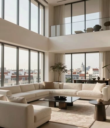 A wide shot of a minimalist, luxury living room in a Southern European / Spanish (Madrid) penthouse. The room features high ceilings, floor-to-ceiling windows with a view of Madrid's skyline, and furniture in off-white and warm beige. Soft morning light, sharp architectural lines, sophisticated atmosphere.
