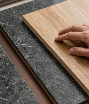 A close-up shot of high-end renovation materials: dark slate grey marble, bronze brown metal accents, and a sample of warm beige oak wood. Hand of a professional in a Southern European / Spanish (Madrid) studio touching the textures. Elegant, focused lighting, high quality.