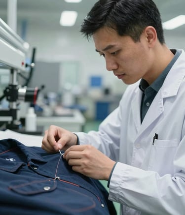 Close-up photography of a professional quality control inspector in a clean, modern factory setting, examining the precision stitching of a high-end workwear garment. Bright, industrial lighting, International / Western professional context.
