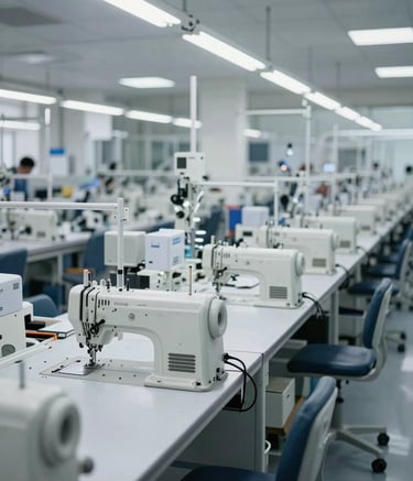 A wide-angle professional photograph of a modern garment manufacturing floor with rows of high-tech sewing machines and organized production lines. The scene is bright with cool grey tones and International / Western industrial design.