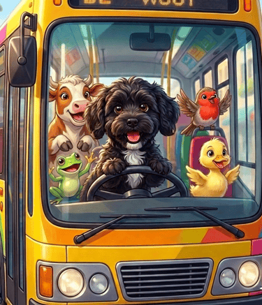 Colour sheet of Bella on bus with animals.