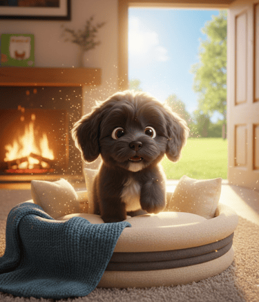 Colour sheet of Bella in a basket by a fire