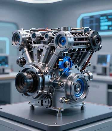 A detailed 3D rendered model of a complex mechanical engine component on a display screen, showcasing precision engineering. The lighting is crisp and modern, featuring Professional Blue highlights and Soft Slate Blue shadows, in a high-tech North American / International design lab environment.