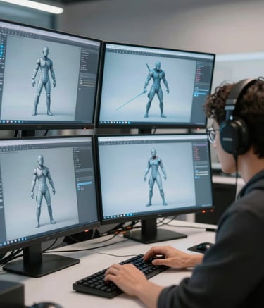 A professional 3D designer focused on a multi-monitor workstation in a modern North American / International studio. The screens show intricate wireframe characters for gaming, bathed in a soft Cool Mist and Professional Blue glow.