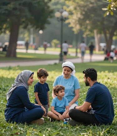 A Middle Eastern / Turkish family enjoying a healthy lifestyle in a lush green public park, soft morning light, professional photography style with a focus on trust and well-being, incorporating Navy Blue and Sky Blue tones.