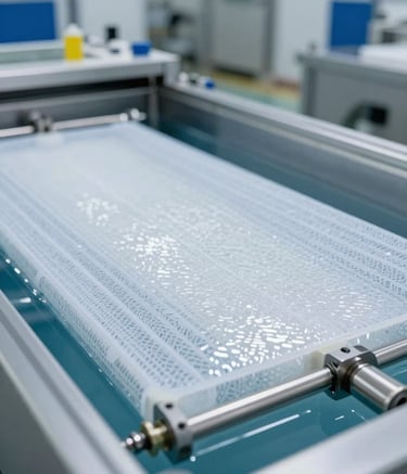 A close-up photograph of advanced industrial filtration membranes within a clean, high-tech wastewater treatment facility. The lighting is bright and professional, highlighting the precision engineering. The scene is set in a modern North American facility with a color palette of Ice White and Sky Blue.