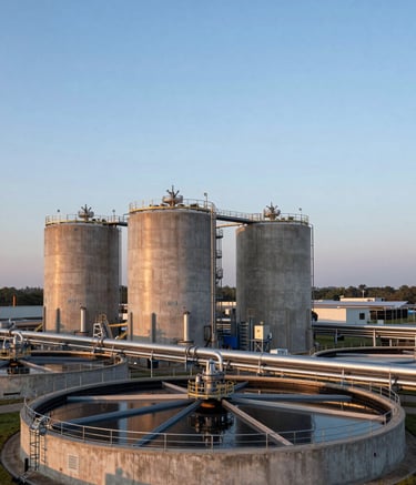 An expansive outdoor photograph of a modern, large-scale Sewage Treatment Plant (STP) at dawn. The infrastructure is sleek and professional, featuring large concrete tanks and stainless steel pipes, set within a North American industrial landscape under a clear Sky Blue horizon.