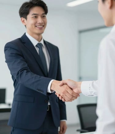 A confident professional shaking hands with a client in a modern workspace. The composition is clean and focused, symbolizing a new partnership. The palette uses deep #1A202C tones in the professional's attire and bright #F7F9FB in the environment for an authoritative yet approachable feel.