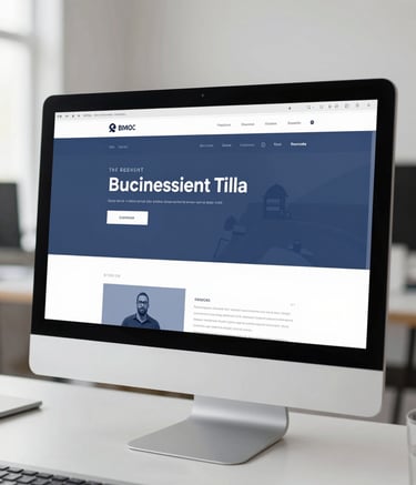 A high-quality, professional close-up of a modern desktop monitor displaying a sleek, results-oriented business website. The setting is a bright, minimalist office with clean lines. The lighting is soft and natural, emphasizing a sophisticated atmosphere. Elements of #3A607C and #9DB2BF are integrated into the displayed website design.