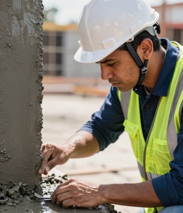 A close-up shot of a professional South American / Brazilian construction engineer in a hard hat and safety vest examining wet concrete mix. The scene is bright and professional, utilizing a color palette of Silver Grey and Dark Slate Blue.