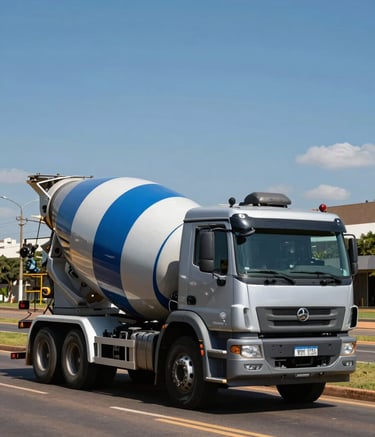 A modern concrete mixer truck with clean livery driving through a wide avenue in Brasília, South America / Brazil. Professional architectural photography style with a focus on efficiency and industrial strength, featuring Blue Grey and Silver Grey tones.