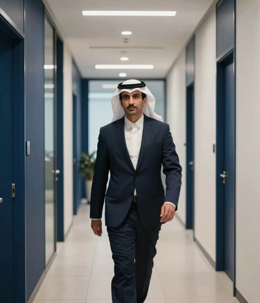 A professional Middle Eastern / Gulf business environment showing a corridor of a high-tech corporate office with clean lines, navy blue and off-white accents, reflecting institutional governance and order.