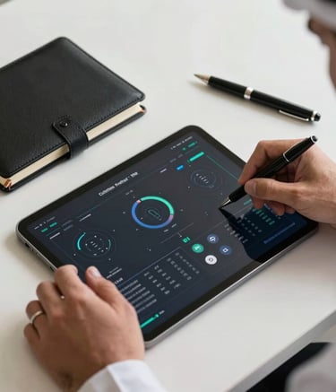 Close-up of hands reviewing a digital performance dashboard on a tablet next to a high-end pen and luxury business notebook. Professional and modern office setting in the Middle Eastern / Gulf region.