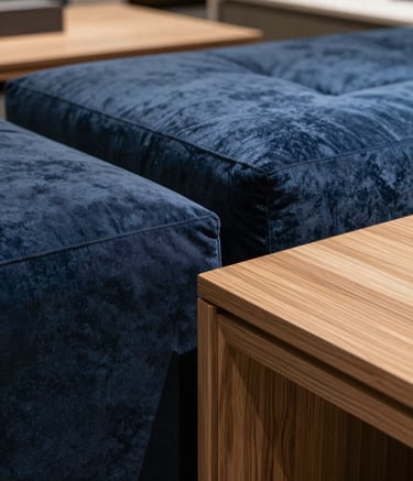 A close-up shot of high-quality wooden furniture surfaces and premium upholstery. The lighting is bright and professional, highlighting textures. The setting is a clean, modern showroom in a Western European / Dutch city. The color palette features deep navy blue and steel blue accents.