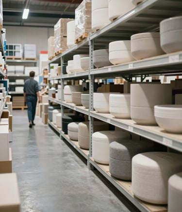 A wide shot of a modern, organized wholesale warehouse for furniture. Large shelves hold stylish household goods. A professional in business casual attire is seen in the distance, emphasizing a Western European / Dutch business environment. Soft off-white and misty blue lighting.