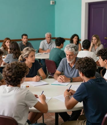 A diverse group of adults and young learners engaged in interactive language learning activities at rounded tables in Puerto de la Cruz, Canary Islands, Spain. Soft natural daylight, warm atmosphere, vibrant turquoise walls and dark purple decor elements.