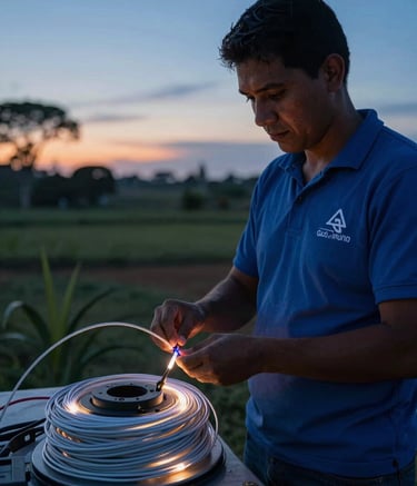 Professional photography of a technician working with glowing fiber optic cables in a South American / Brazilian rural environment during sunset, emphasizing connectivity and advanced infrastructure in remote areas, soft lighting with deep blue tones.