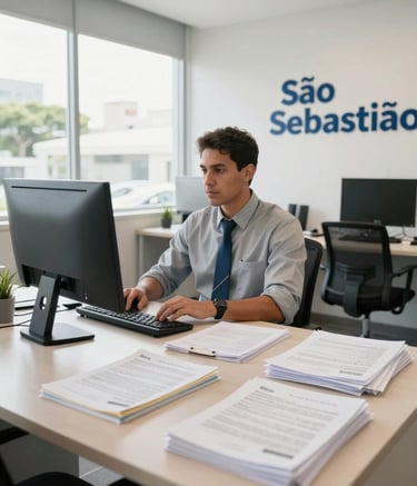 Wide shot photography of a bright, modern South American / Brazilian office interior in São Sebastião, professional desk with organized documents and a computer, clean aesthetic with daylight, portraying a trustworthy vehicle dispatcher agency.