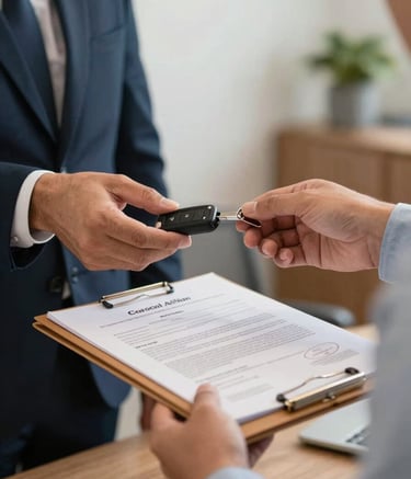 Close-up photography of professional hands in a South American / Brazilian office handing over a set of car keys and official document folders to a client, warm natural light, soft professional atmosphere with blue and white tones in the background.