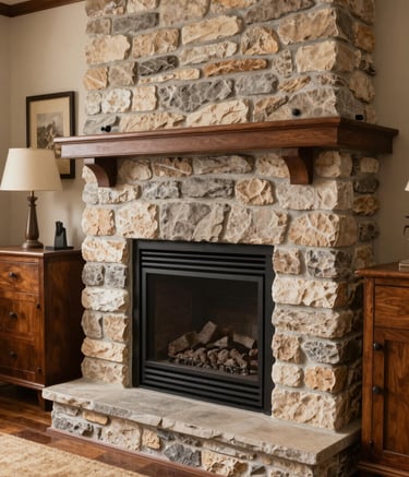 A close-up photograph of a clean, well-maintained stone fireplace in a cozy North American / US living room. The scene features deep mahogany furniture and a warm tan rug, conveying warmth, safety, and expert craftsmanship with natural lighting.