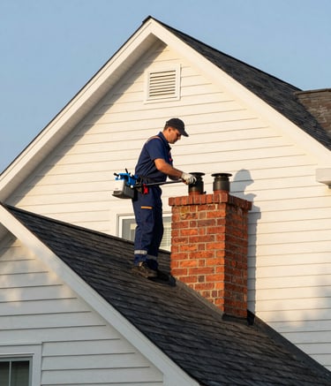 A professional chimney sweep in clean uniform inspecting a brick chimney on a modern North American / US house rooftop. The lighting is warm morning sun, highlighting soft off-white siding and rich cedar accents.