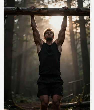 A high-performance athlete performing a pull-up on a thick, natural wooden beam in a dark woodland setting. Backlit by a low, misty sun, creating a powerful silhouette. Muted gold highlights on the athlete's shoulders against deep black shadows.